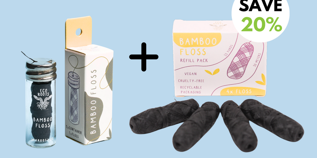 Vegan Bamboo Charcoal Dental Floss - 5-Pack - Refillable Bamboo Container - 5 x 33 Yards - Eco-Friendly Floss - Plant-Based Candelilla Wax Floss