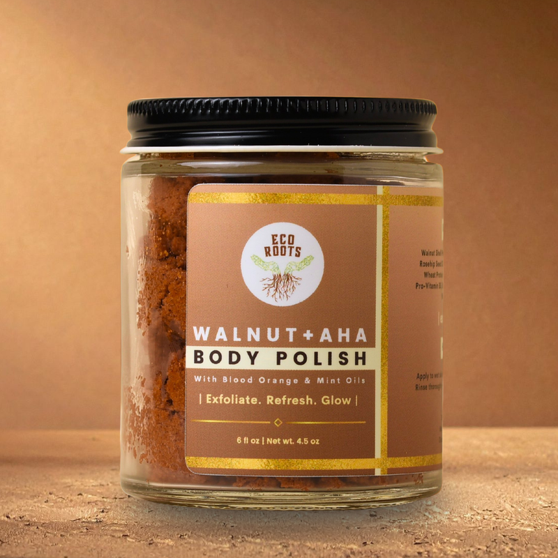 walnut aha body polish exfoliant blood orange mint essential oils